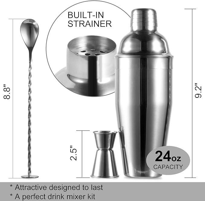 24oz Cocktail Shaker Bar Set – 3 pc Cocktail Shaker with Measuring Jigger & Mixing Spoon