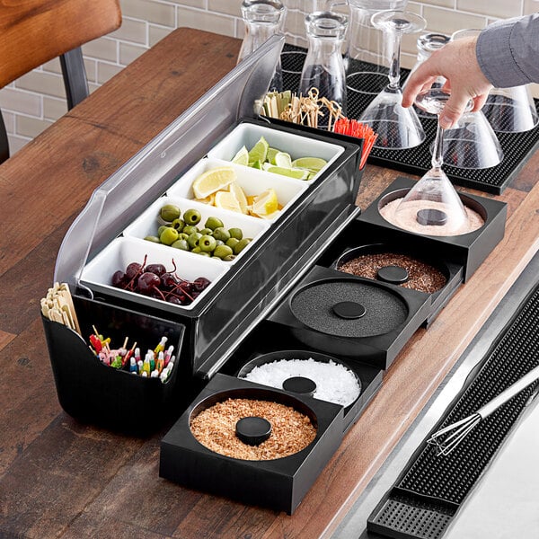 4-Compartment Black Plastic Condiment Station with 5 Rimming Trays