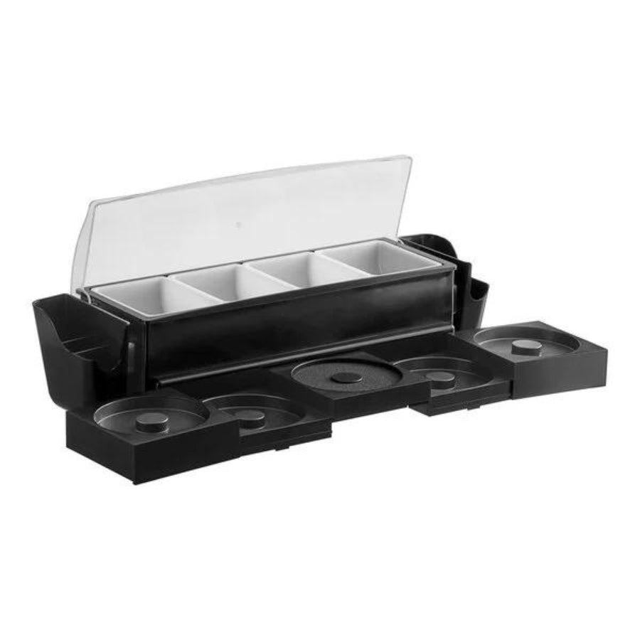 4-Compartment Black Plastic Condiment Station with 5 Rimming Trays