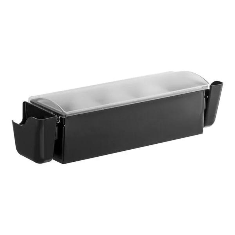 4-Compartment Black Plastic Condiment Station with 5 Rimming Trays