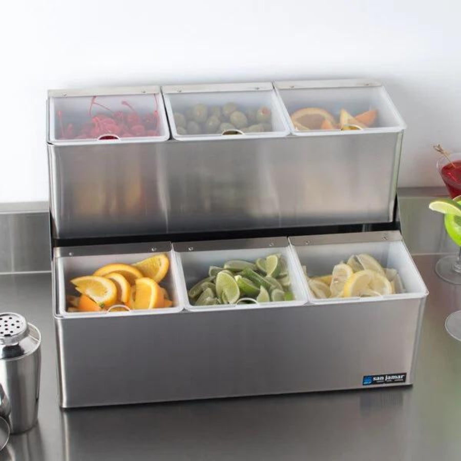 6-Compartment Two Tier Stainless Steel Condiment Bar with Split Notched Lids